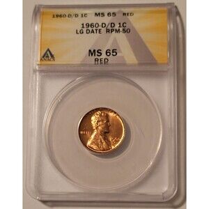 1960 D/D Lincoln Memorial Cent Large Date RPM-50 MS65 RED ANACS